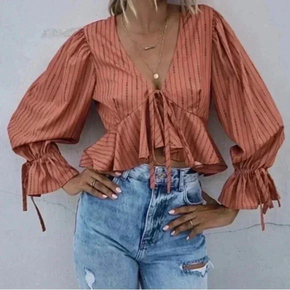 SHEIN Tops - Shein Tie Front Ruffle Hem Striped Top Size Medium
